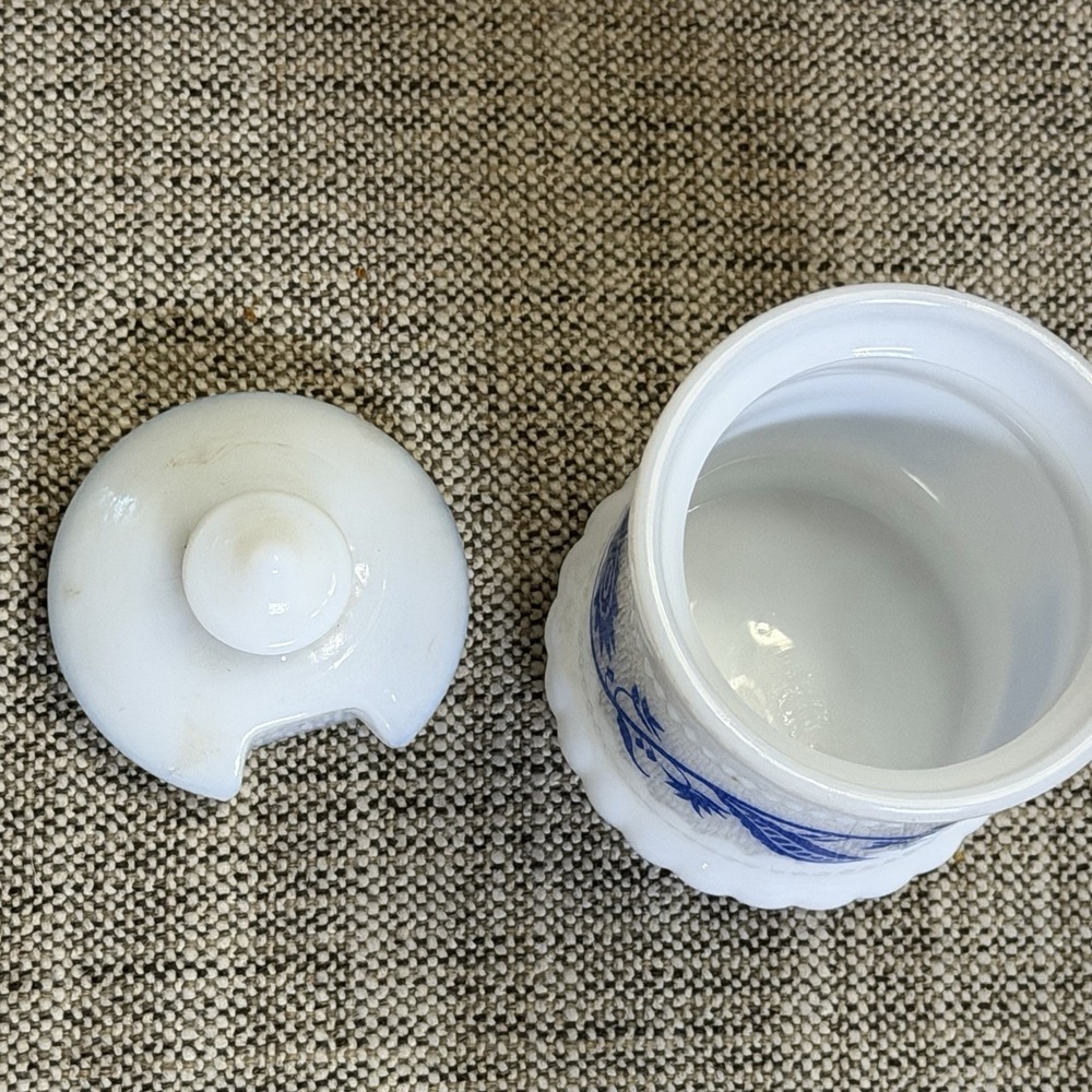Hazel Atlas White Milk Glass Blue Sweet Pea Mustard Spice ApothecaryJars W/Lid - Picture 3 of 10